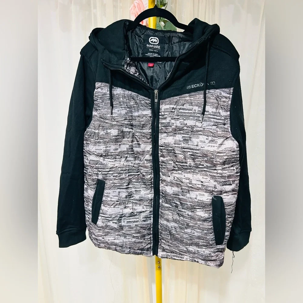 Ecko Unltd Men’s Medium Black Gray Hooded Puffer Jacket Full Zip